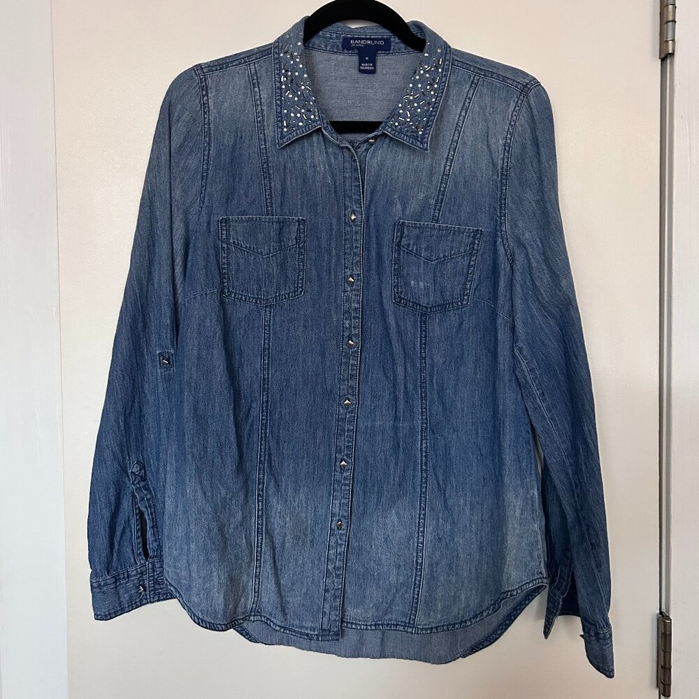 Vintage Denim Button-Up with Jewel Embellishments
